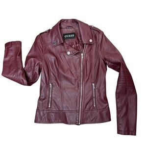 Guess Faux Leather Maroon Zip Up Women's Moto Jacket